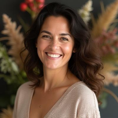 Ana María, fundadora y florista principal de Taiga Petal, sonriendo entre flores frescas.